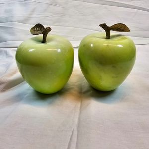 Two Vintage Alabaster Marble Fruit Green Apples with Brass Stems and Leaves